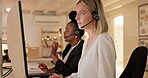 Night, call center and business woman, consultant or agent for communication, e commerce and online support. Advice, customer service and people at consulting agency, workspace and computer solution