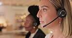 Call center, night or face of woman consultant talking or networking online in telecom sales office. Tech support, late or sales agent in communication or conversation at customer services in office