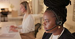 Speaking, night or black woman consultant in call center talking or networking online in telecom sales. Tech support, help desk or female agent in communication or conversation at customer services