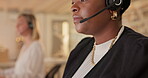 Mouth, night or black woman consultant in call center talking or networking online in telecom sales office. Tech support, help or insurance agent in communication or conversation at customer services