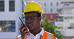 Construction worker, talking and communication on radio, walkie talkie on site for industrial project management or planning. Black man, engineer or inspection of contractor, architecture or safety