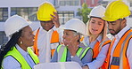 Meeting, frustrated or architects on construction site with problem conflict, crisis or stress with blueprint. Angry, builders or upset team manager in serious discussion for mistake, risk or warning