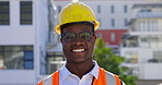 Construction, smile and face of black man in city for building inspection, site maintenance or civil engineering. Happy portrait, architecture or contractor in urban property development with helmet