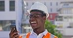 Construction worker, happy with phone and typing a communication, email or meme on internet, online connection or social media. Black man, engineer or contractor laughing and reading on cellphone 