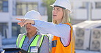 Pointing, tablet or engineering team on construction site for building development or design collaboration. Leadership, digital tech or architecture of women with manager for inspection or renovation