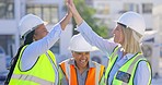 Construction site, success or women high five for architecture, teamwork or partnership on project. Collaboration ,celebration or happy architects with solidarity, support or goal target achievement