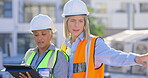 Designer, tablet or engineering team on construction site for building development or project collaboration. Leadership, digital tech or architecture of women with manager for renovation inspection