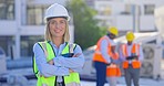 Face, engineer and woman outdoor, arms crossed and confident with a project, renovation and property development. Portrait, female person and architect with a smile, construction site and real estate