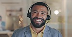 Man, call center and video call with face, laugh and comic joke in conversation, chat or customer care. Funny consultant, headphones and microphone in night for tech support, telemarketing or crm job