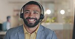 Man, call center and office with face, laugh and comic joke in conversation, chat and customer service. Funny consultant, headphones and microphone in night for tech support, telemarketing or crm job