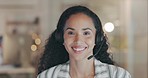 Happy, face and a woman in a call center at night for online consulting, support and sales advice. Smile, contact us and portrait of a customer service employee in an office for late telemarketing