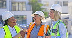 Hug, success or happy architects on construction site in a city together for a building project together. Funny friends, group or engineering team laughing with women designers on a break to relax