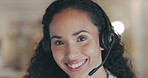 Woman, call center and face with smile in office, crm and smile for advice, question or customer care. Happy consultant, headphones and microphone in night for tech support, telemarketing or portrait