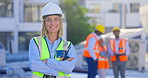 Architect, face or happy woman on construction site with arms crossed, confidence or walkie talkie. Engineering, portrait or proud female contractor in building industry working on  infrastructure