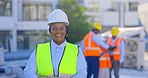 Face, architecture and black woman outdoor, blueprints and smile with renovation, real estate and property development. Portrait, female person or engineer with blueprints, construction site or happy