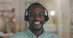 Call center face, professional and happy black man, consultant or advisor smile for telemarketing communication. Contact us, portrait and African male agent for tech support, customer service or chat