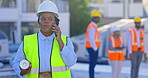 Phone call, engineering woman and construction site for blueprint planning, building or project management. B2b contractor, communication and architecture update of african person talking on mobile