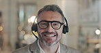 Face, video call and support with a business man talking during a webinar for online education. Portrait, contact and headset with a male consultant in a virtual chat for assistance or feedback