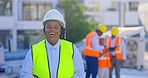 Face, engineer and black woman outdoor, blue prints and funny with a project, real estate and property development. Portrait, female person or architect with a smile, construction site and renovation