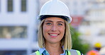 Construction, smile and face of woman in city for building inspection, site maintenance or civil engineering. Happy portrait, female architect and urban contractor with safety helmet for renovation