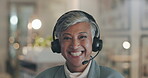 Call center, senior business face and happy woman, consultant or advisor smile for consultation, help desk or CRM. Laughing, portrait and elderly female agent for support, customer care or advice