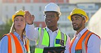 Engineering, tablet and people with manager for building development, progress and design planning at outdoor site. Construction, digital tech and architecture teamwork with African man at inspection