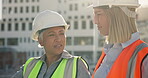 Women, teamwork or architects on construction site planning a building project or renovation together. Architecture, engineering or collaboration of designer talking to contractor for property safety