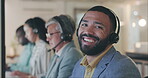 Call center, team and happy business man face, insurance advisor or agent smile for telemarketing, telecom or help. Contact us, portrait and person for technical support, customer service or telecom
