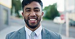 City street, smile and portrait of businessman outside law office with happiness, confidence and legal career. Happy attorney with pride, success and confident face of man, lawyer on urban sidewalk.