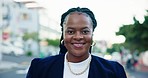 City street, smile and portrait of black woman outside law office with happiness, confidence and legal career. Happy attorney with pride, success and confident face of female lawyer on urban sidewalk