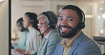 Customer service smile, team and business man face, insurance advisor or agent happy for telecom contact center. Telemarketing, portrait or person for technical support, help desk or online ecommerce