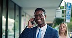 Businessman, phone call and friendly discussion in city for communication or networking outdoors. Happy black man talking on mobile smartphone in business conversation, trip or travel in a urban town