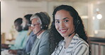 Customer service smile, team and business woman face, financial advisor or agent happy for contact center career. Telemarketing group, portrait or person for tech support, help desk or web ecommerce