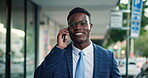 City, business phone call and happy black man talking on work consultation, communication or urban discussion. Smartphone, smile and African person speaking, consulting or chat on mobile conversation