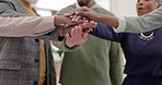 Business people, hands together and team building in applause for unity, collaboration or meeting at office. Happy group of employees piling hand and clapping in success for teamwork achievement