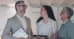 Happy business people, tablet and laughing in team building for funny meeting or discussion at office. Group of employee smile in fun teamwork with technology for meme, research or ideas at workplace