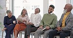 Creative people, laughing and meeting in team building for funny joke, social or meme at office. Group of happy employees in waiting room for fun discussion, comedy or friendly workplace in startup