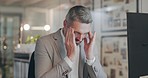 Businessman, headache and stress in burnout, anxiety or overworked on computer at the office desk. Senior male person, tired or frustrated in mistake, mental health problems or fatigue at workplace