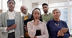 Business people, face and corporate with diversity, mission and mindset with collaboration at law firm. Portrait, team and lawyer group, serious and solidarity, trust and teamwork in the workplace
