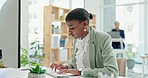 Business, computer and confused black woman in office with scam alert, phishing or glitch. Online, error and female designer checking email, notification or warning for hacker, problem or fail