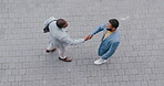 City welcome, shaking hands and business people, friends or partner greeting, morning hello or outdoor networking. Ground top view, introduction handshake or team communication, collaboration or deal