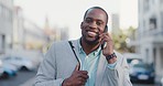 Phone call, business and black man in city, talking and conversation while walking, travel or commute. African professional, smartphone and happy person on mobile for discussion, chat and speaking.