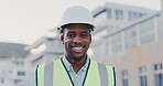 Construction, face and happy black man in city for building project, site maintenance or civil engineering. Portrait, architecture and male contractor smile for urban property development with helmet