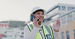 Woman, construction and worker with phone call in city for civil engineering, building industry or site contractor. Happy female architect, manager and talking on smartphone for property development