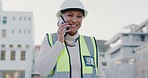 Phone call, happy and architecture woman at construction site for b2b planning, urban building or project management. Funny chat, communication and engineering worker or indian person talk on mobile