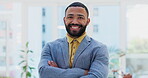 Face, arms crossed and happy business man, confident designer or creative agent smile for startup company success. Job portrait, mindset or professional person, consultant or manager of design agency