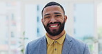 Face, happy and office business man, designer or creative agent smile for startup company success, growth or brand. Portrait, happiness and professional person, consultant or employee of design firm