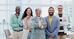 Happy creative people, team and confidence in leadership, management or about us at the office. Portrait of confident employee group with smile standing together in teamwork for startup at workplace
