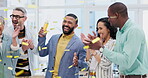 Creative people, applause and confetti in celebration for winning, team achievement or unity at office. Group of happy employees clapping in success for teamwork, promotion or startup at workplace