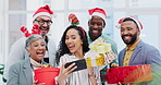 Creative group, Christmas and selfie for party celebration, festive season or December holiday at office. Happy people or employees smile at work event for gifts, surprise or photo in memory and vlog